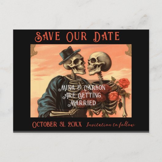 ヴィンテージスケルトンカップルゴシック結婚式日付の保存 案内ポストカード (正面)