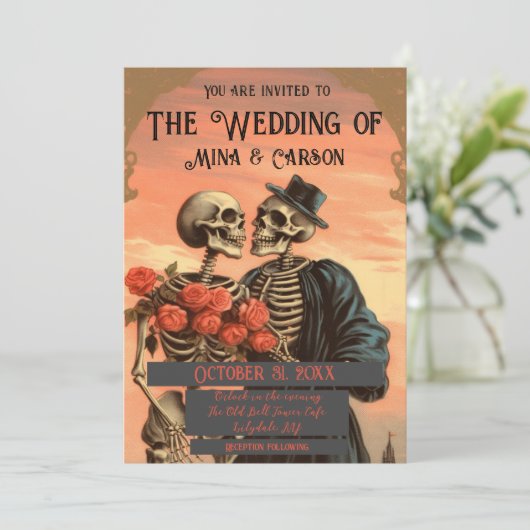 ヴィンテージスケルトン対ゴシック結婚のQR招待状 セーブザデート (スタンド正面)