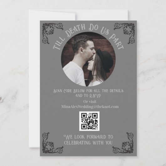 ヴィンテージスケルトン対ゴシック結婚のQR招待状 セーブザデート (裏面)