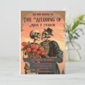 ヴィンテージスケルトン対ゴシック結婚式招待状 セーブザデート (スタンド正面)