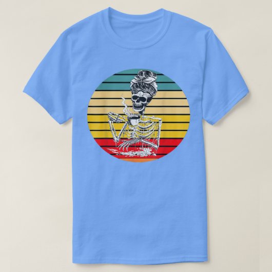ヴィンテージスケルトン飲みコーヒー愛好家おもしろいレトロ Tシャツ (デザイン正面)