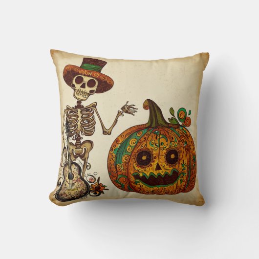 ヴィンテージスケルトン/パンプキンデッドの日 クッション (正面)