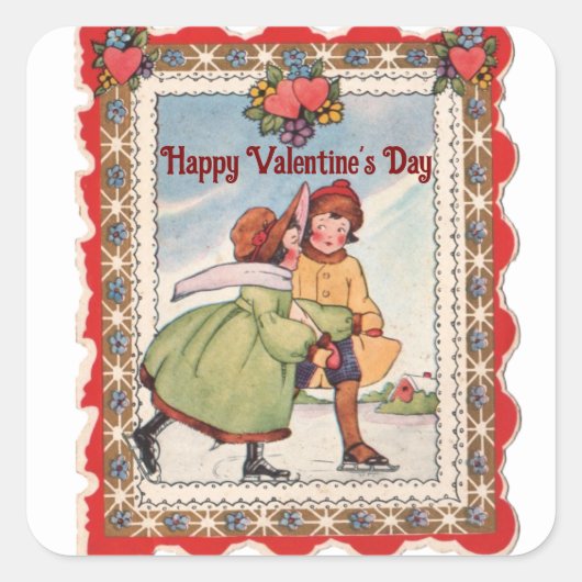ヴィンテージスケートで滑るカップル正方形ステッカー スクエアシール (正面)