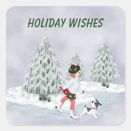 ヴィンテージスケートで滑るガールアンドドッグ スクエアシール (正面)