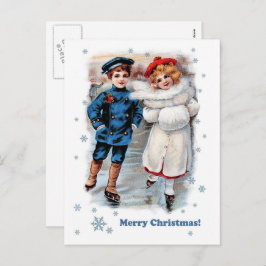 ヴィンテージスケートで滑るキッズクリスマス シーズンポストカード