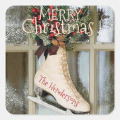 ヴィンテージスケートで滑るクリスマス名ステッカー スクエアシール (正面)