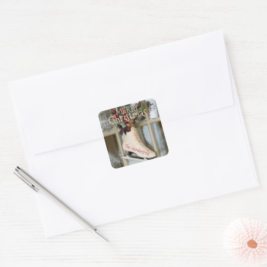 ヴィンテージスケートで滑るクリスマス名ステッカー スクエアシール (封筒)