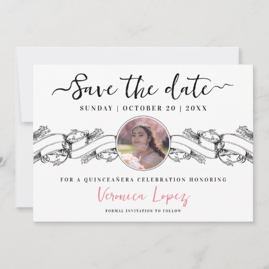 ヴィンテージスタイリッシュクインセアニラ写真保存日時 招待状 (正面)