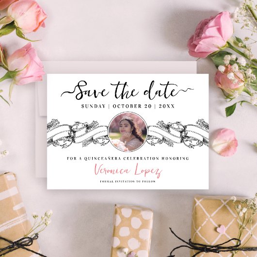 ヴィンテージスタイリッシュクインセアニラ写真保存日時 招待状