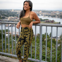 ヴィンテージスタイリッシュゴールデンフローラプリントオンブラック