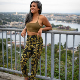 ヴィンテージスタイリッシュゴールデンフローラプリントオンブラック レギンス