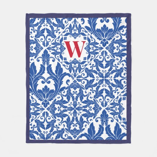 ヴィンテージスタイリッシュダマスク海軍ブルーモノグラム フリースブランケット (正面)