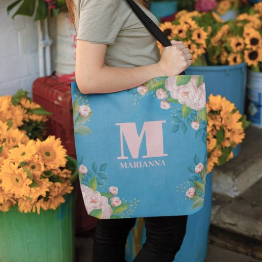 ヴィンテージスタイリッシュピンクローズモノグラムシンプルフローラ トートバッグ