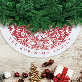 ヴィンテージスタイリッシュレッド白クリスマスフローラルパターン ブラッシュドポリエステルツリースカート