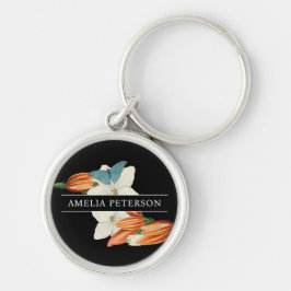 ヴィンテージスタイリッシュ白黒リリーフローラ蝶 キーホルダー