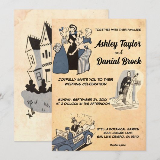 ヴィンテージスタイリッシュ素朴モダン結婚古い 招待状 (正面/裏面)