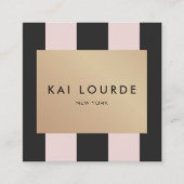 ヴィンテージスタイリッシュ金ゴールドプラークのピンク黒ストライプ色 スクエア名刺 (正面)