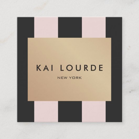 ヴィンテージスタイリッシュ金ゴールドプラークのピンク黒ストライプ色 スクエア名刺 (正面)