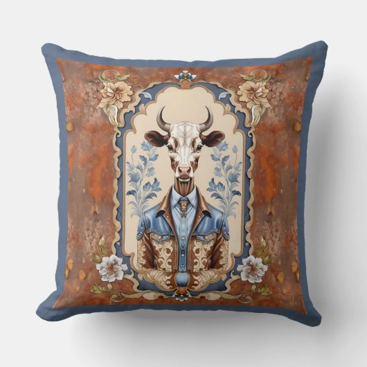 ヴィンテージスタイルおもしろいウエスタンカウアート クッション (正面)