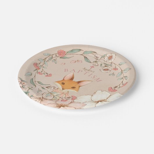 ヴィンテージスタイルかわいいキツネ花模様ガールバプテスマ ペーパープレート (アングル)