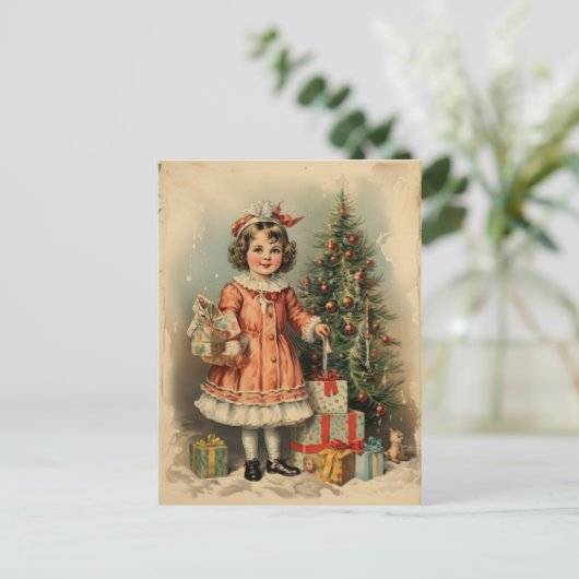 ヴィンテージスタイルかわいい女の子とギフトクリスマス シーズンポストカード (スタンド正面)