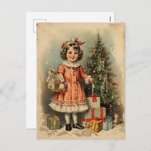 ヴィンテージスタイルかわいい女の子とギフトクリスマス シーズンポストカード (正面/裏面)