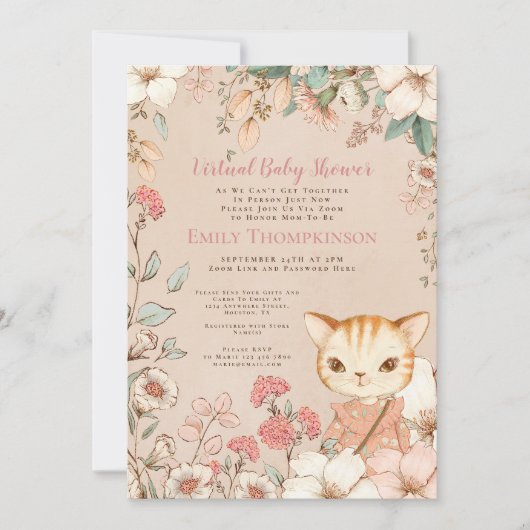 ヴィンテージスタイルかわいい猫花模様バーチャルベビーシャワー 招待状 (正面)