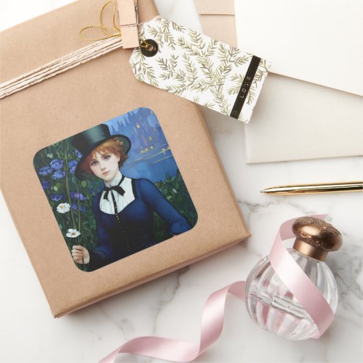 ヴィンテージスタイルかわいらしダークアカデミーガールポートレート スクエアシール (ギフト)