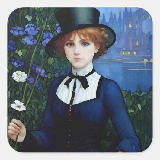 ヴィンテージスタイルかわいらしダークアカデミーガールポートレート スクエアシール (正面)