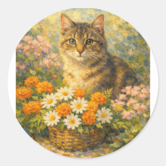 ヴィンテージスタイルのかわいい子猫のフラワーガーデンTシャツ ラウンドシール