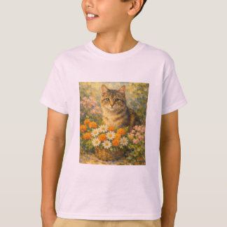 ヴィンテージスタイルのかわいい子猫のフラワーガーデンTシャツ Tシャツ