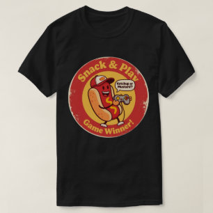 ヴィンテージスタイルのカートゥーン・ホットドッグとコントローラー Tシャツ