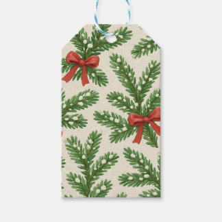 ヴィンテージスタイルのクリスマスモミの枝と赤いリボン ギフトタグ