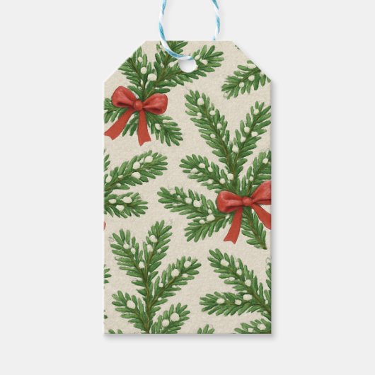 ヴィンテージスタイルのクリスマスモミの枝と赤いリボン ギフトタグ (正面)