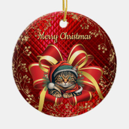 ヴィンテージスタイルのクリスマス猫 セラミックオーナメント