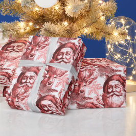 ヴィンテージスタイルのサンタとトナカイの赤 ラッピングペーパー