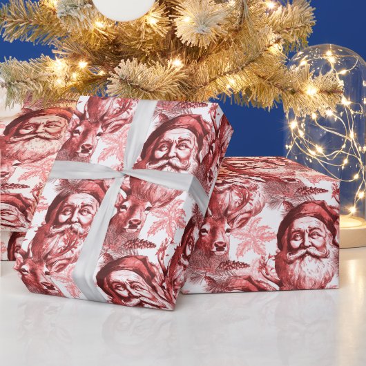 ヴィンテージスタイルのサンタとトナカイの赤 ラッピングペーパー (クリスマス)