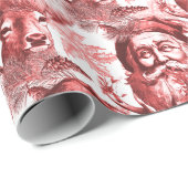 ヴィンテージスタイルのサンタとトナカイの赤 ラッピングペーパー (ロールコーナー)