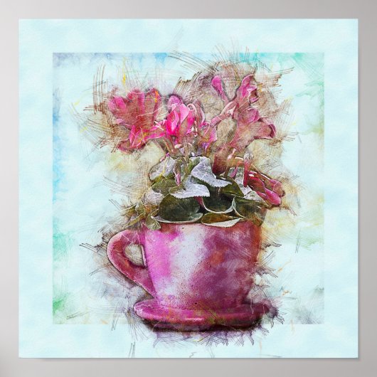 ヴィンテージスタイルのシャビーシックなバイオレット ライラック カップ＆ソーサー ポスター (正面)