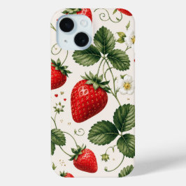 ヴィンテージスタイルのシームレスないちごの植物パターン iPhone 15ケース
