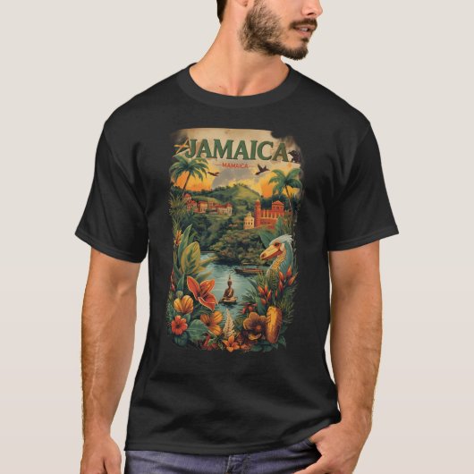 ヴィンテージスタイルのジャマイカ旅行イラスト Tシャツ (正面)
