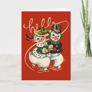 ヴィンテージスタイルのスケートで滑るの雪だるまのクリスマスカード シーズンカード