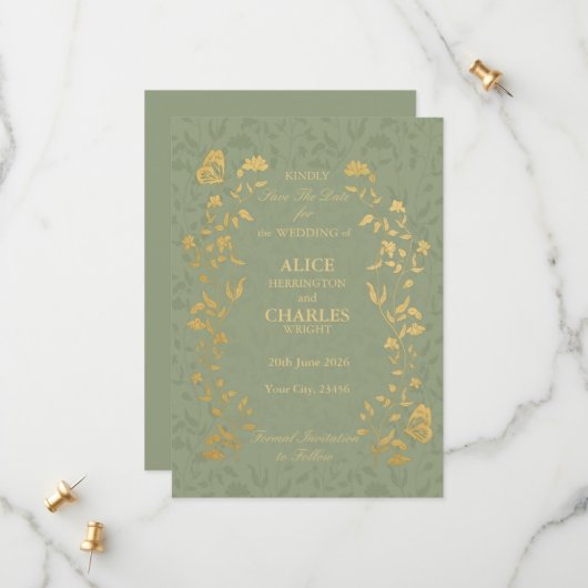 ヴィンテージスタイルのセージグリーンSave The Dateカード セーブザデート (正面/裏面インサイチュ)