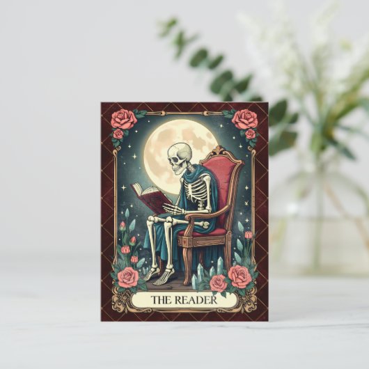 ヴィンテージスタイルのタロットカードの骸骨 読者 シーズンポストカード (スタンド正面)