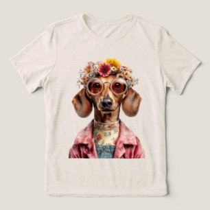 ヴィンテージスタイルのダックスフントと花 トライブレンドＴシャツ