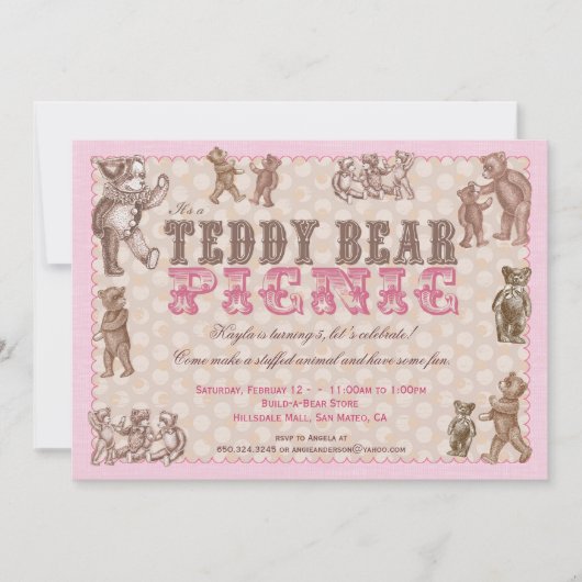 ヴィンテージスタイルのテディベアピクニック招待状 - ピンク 招待状 (正面)