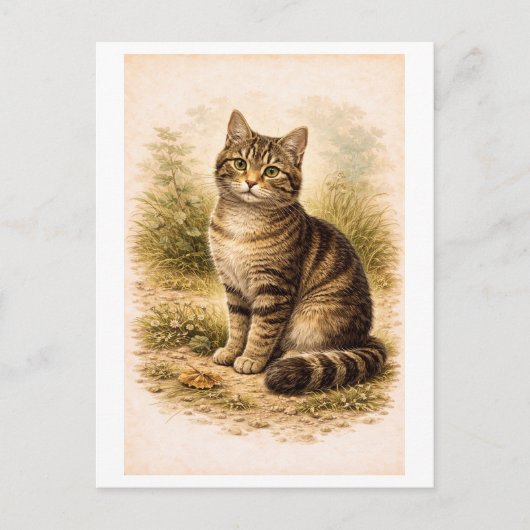 ヴィンテージスタイルのトラ猫イラスト ポストカード (正面)
