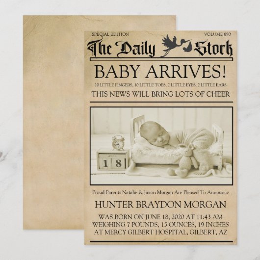 ヴィンテージスタイルのニュースレター 誕生のお知らせ 招待状 (正面/裏面)