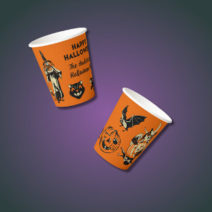 ヴィンテージスタイルのハロウィングラフィック オレンジとブラック 紙コップ