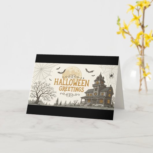 ヴィンテージスタイルのハロウィン グリーティングカード おばけ屋敷 (黄色い花)